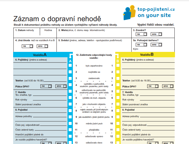 Jak vyplnit záznam o dopravní nehodě VZOR Top Pojištění cz R